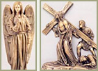 one statue of an angel with wings, one statue of Jesus carrying his cross with another man assisting the carry, and one person prostrate on the ground following them